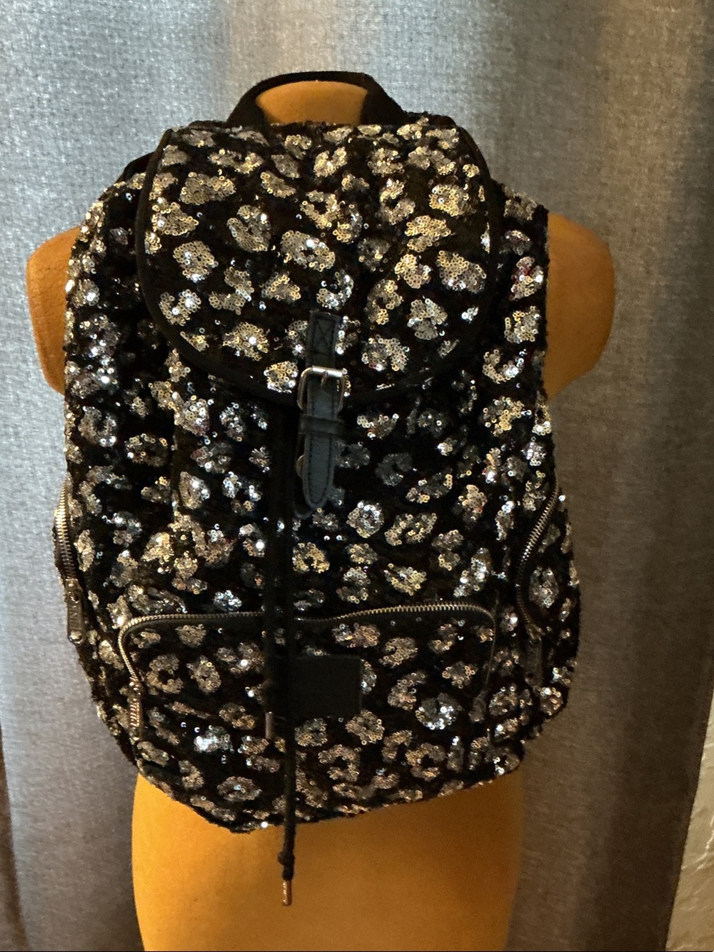 PINK Victoria's Secret Black Backpack with Silver Sequin Leopard Pattern